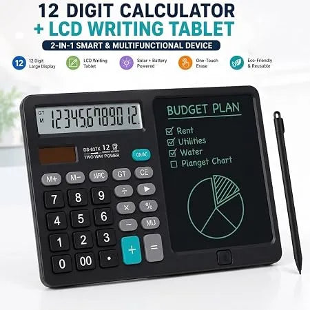 12-Digit Calculator & Magic Erasable Writing Tablet, 2-in-1 with Stylus, Solar & Battery Powered