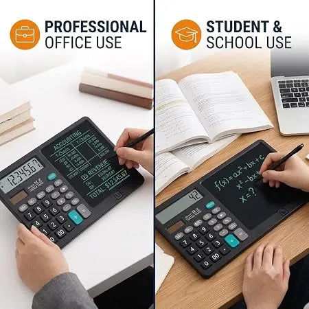 12-Digit Calculator & Magic Erasable Writing Tablet, 2-in-1 with Stylus, Solar & Battery Powered