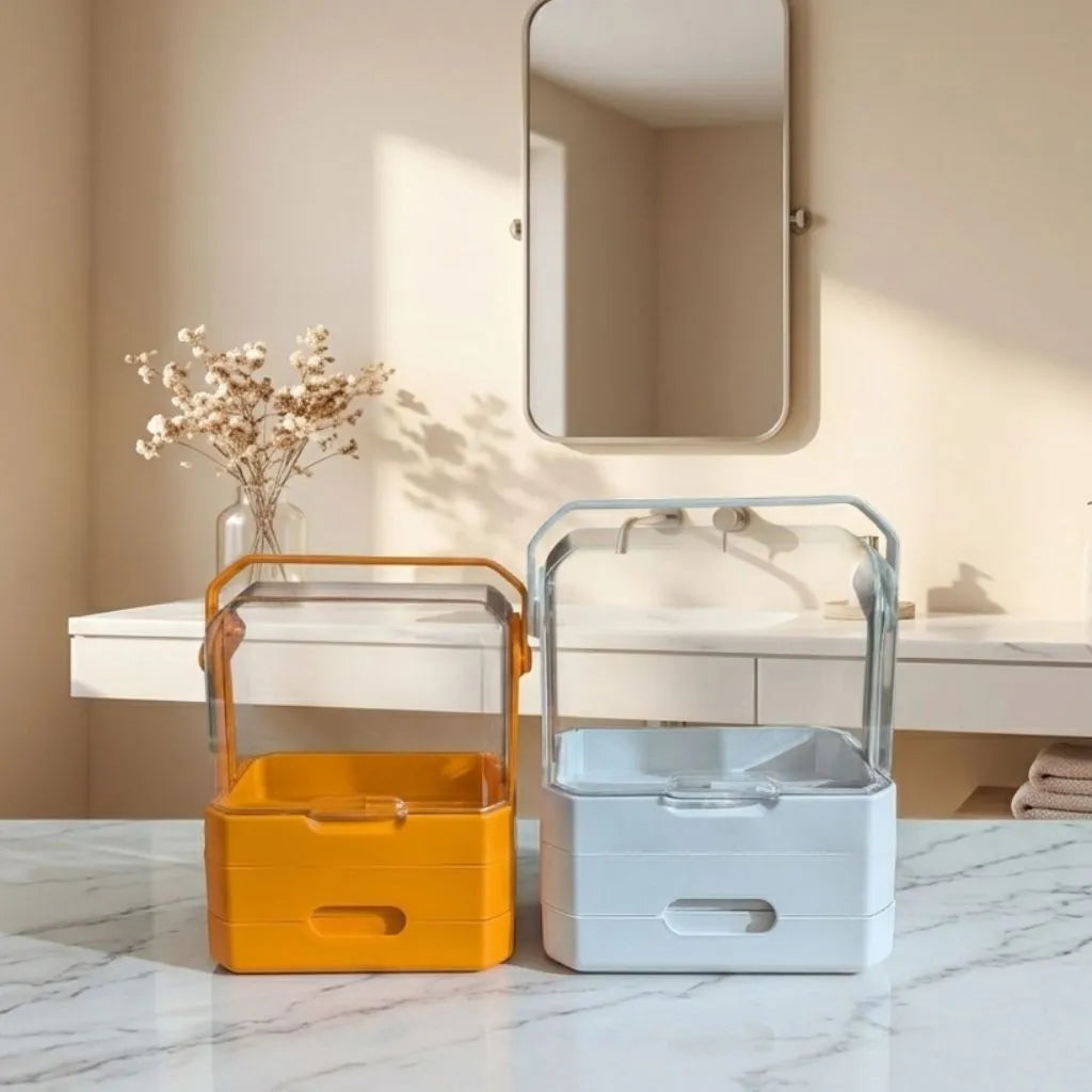 Luxury Makeup Organizer Box with Transparent Cover & Drawers – Large Cosmetic Storage for Dressing Table