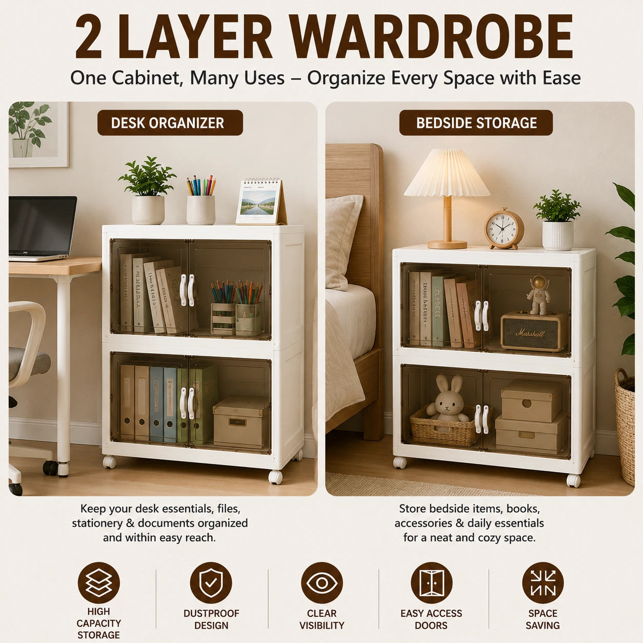 Foldable Transparent Storage Cabinet with Wheels & Magnetic Doors