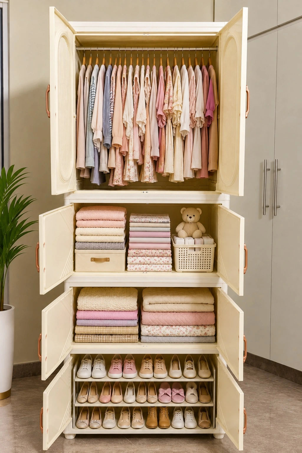 PREMIUM MODULAR WARDROBE – Foldable & Stackable Clothes Organizer with Transparent Doors, Hanging Rods & Wheels