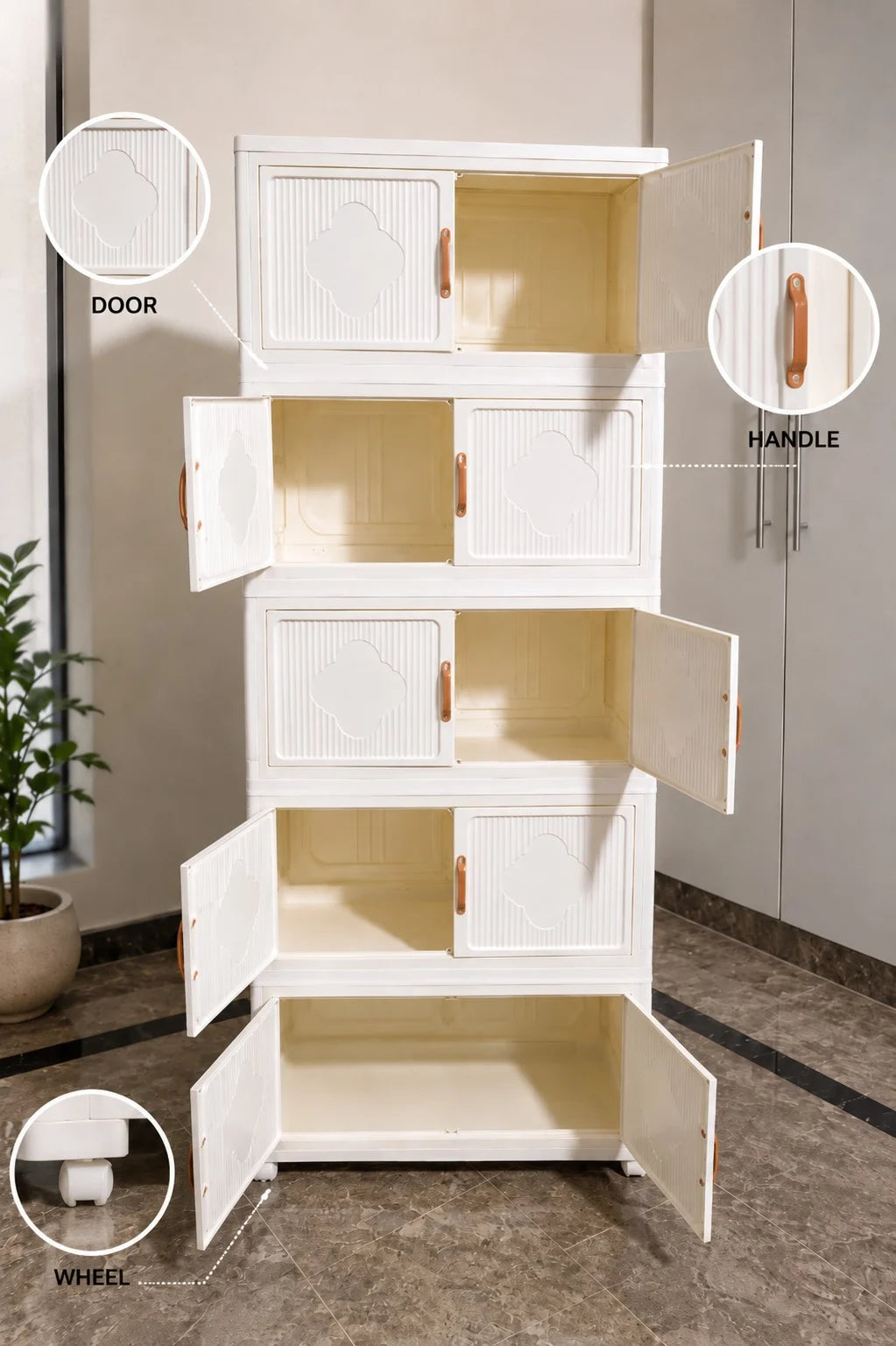 Foldable Modular Storage Cabinet — 5-Layer Stackable Organizer with Magnetic Doors and Wheels
