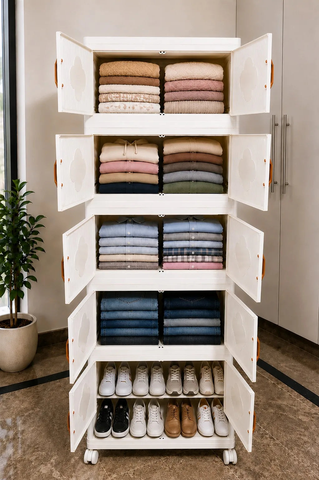 Foldable Modular Storage Cabinet — 5-Layer Stackable Organizer with Magnetic Doors and Wheels
