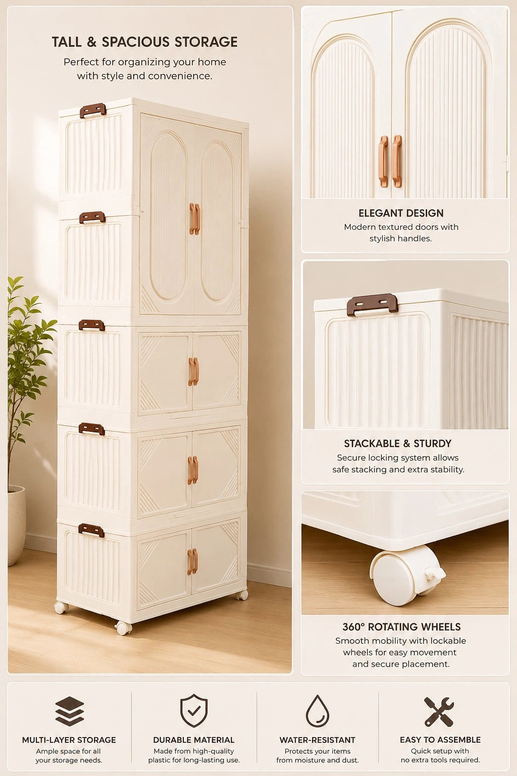 PREMIUM MODULAR WARDROBE – Foldable & Stackable Clothes Organizer with Transparent Doors, Hanging Rods & Wheels