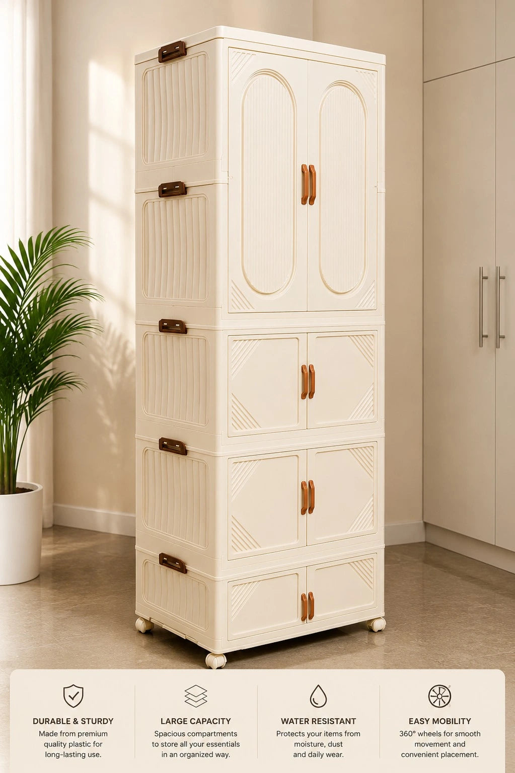 PREMIUM MODULAR WARDROBE – Foldable & Stackable Clothes Organizer with Transparent Doors, Hanging Rods & Wheels