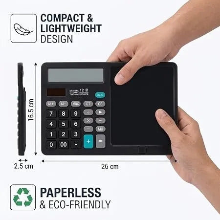 12-Digit Calculator & Magic Erasable Writing Tablet, 2-in-1 with Stylus, Solar & Battery Powered