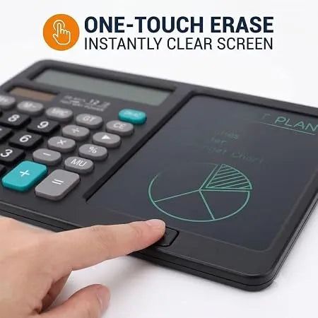 12-Digit Calculator & Magic Erasable Writing Tablet, 2-in-1 with Stylus, Solar & Battery Powered