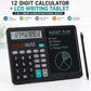 12-Digit Calculator & Magic Erasable Writing Tablet, 2-in-1 with Stylus, Solar & Battery Powered