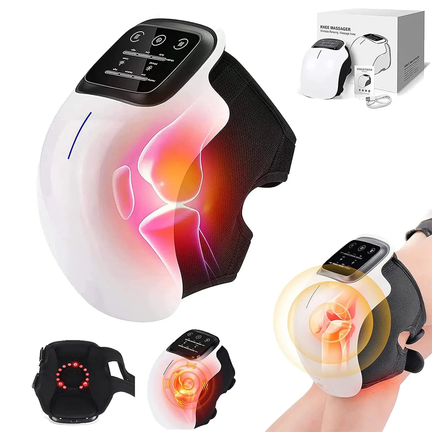 Electric Knee Massager with Heat | Vibration + Red Light Therapy | Rechargeable Cordless Pain Relief Device
