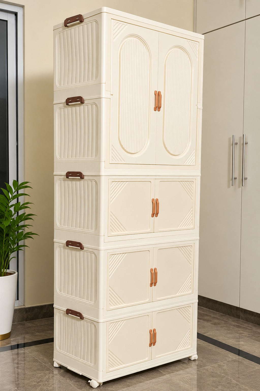 PREMIUM MODULAR WARDROBE – Foldable & Stackable Clothes Organizer with Transparent Doors, Hanging Rods & Wheels