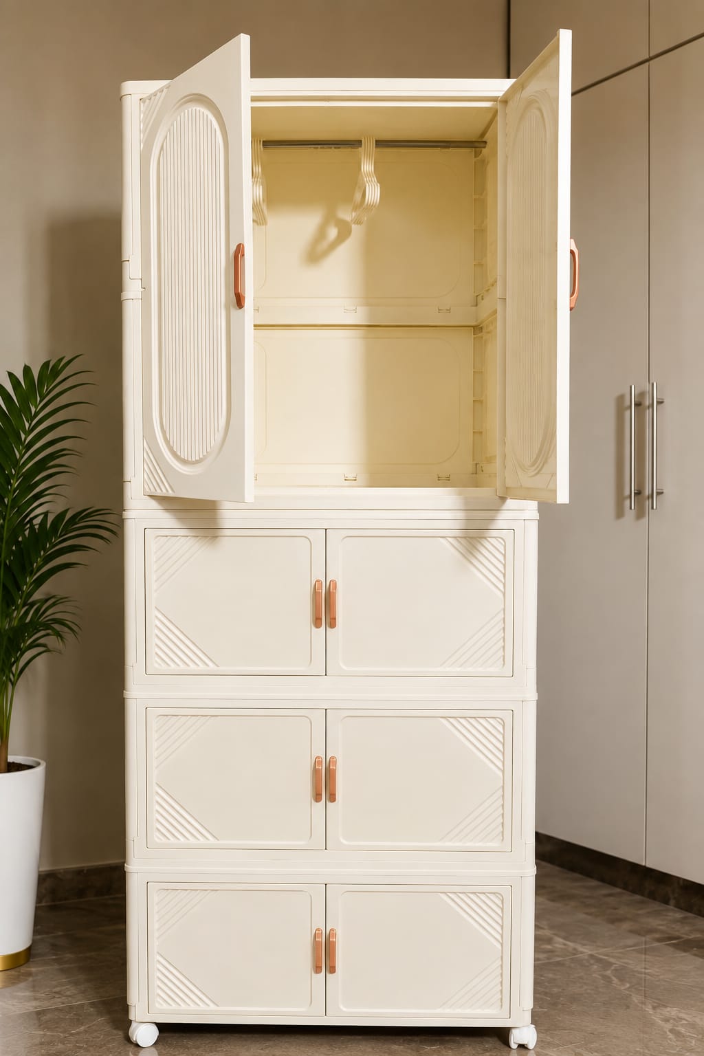 PREMIUM MODULAR WARDROBE – Foldable & Stackable Clothes Organizer with Transparent Doors, Hanging Rods & Wheels