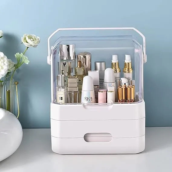Luxury Makeup Organizer Box with Transparent Cover & Drawers – Large Cosmetic Storage for Dressing Table