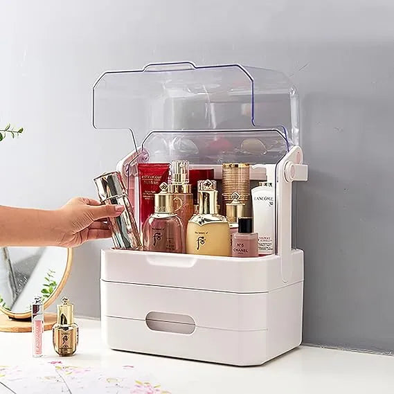 Luxury Makeup Organizer Box with Transparent Cover & Drawers – Large Cosmetic Storage for Dressing Table