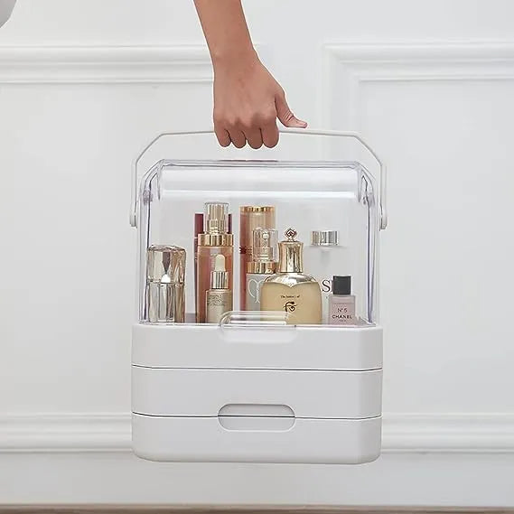 Luxury Makeup Organizer Box with Transparent Cover & Drawers – Large Cosmetic Storage for Dressing Table