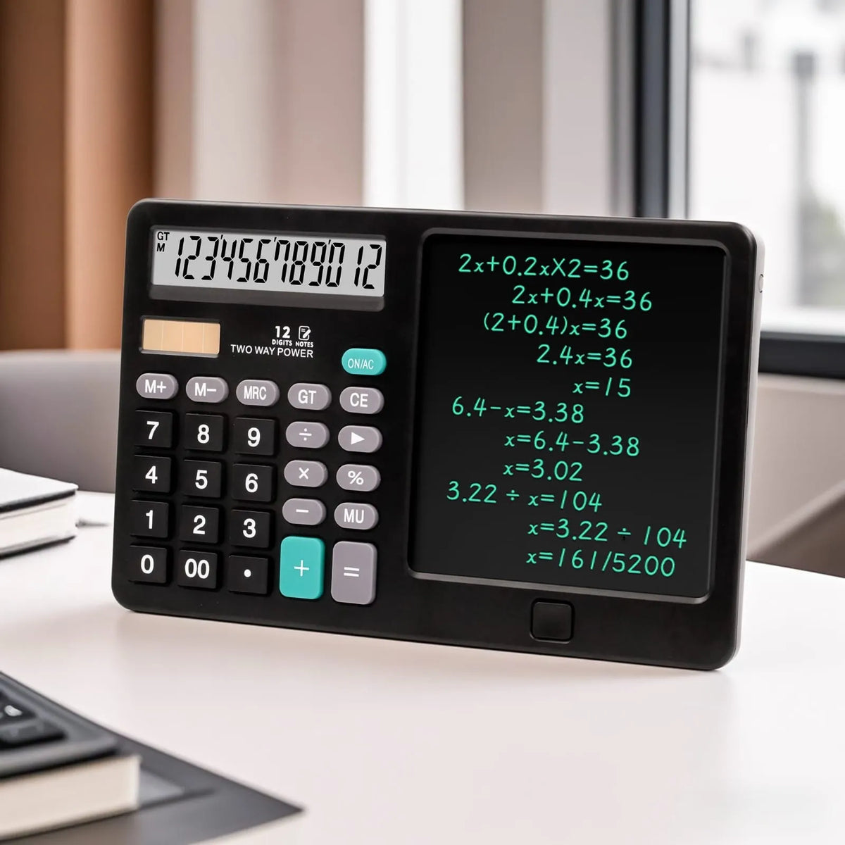 12-Digit Calculator & Magic Erasable Writing Tablet, 2-in-1 with Stylus, Solar & Battery Powered