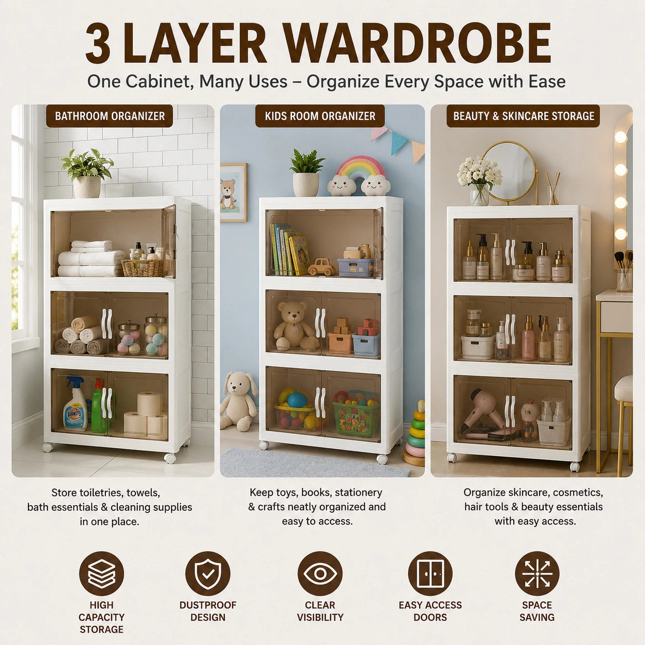 Foldable Transparent Storage Cabinet with Wheels & Magnetic Doors