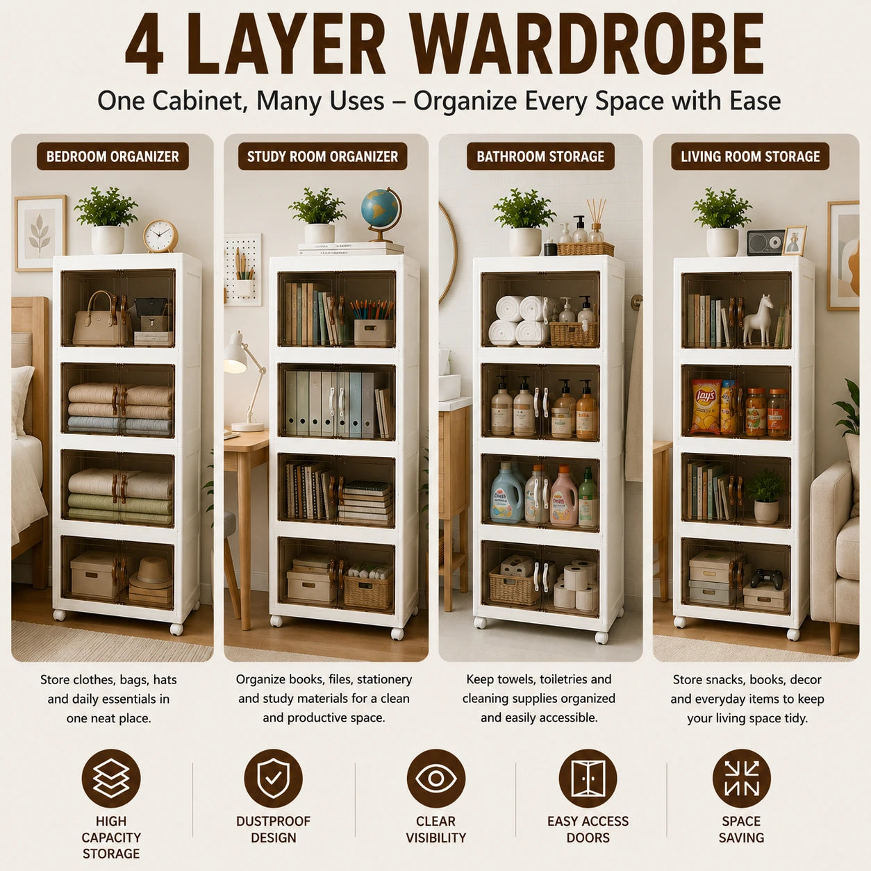 Foldable Transparent Storage Cabinet with Wheels & Magnetic Doors