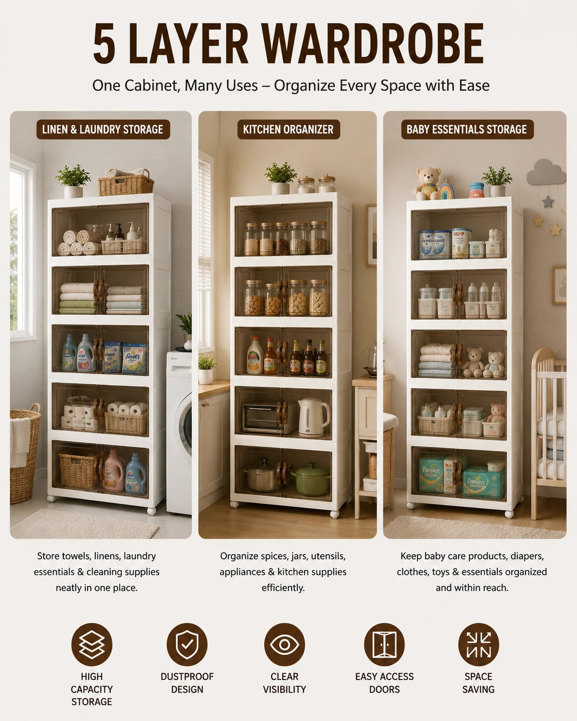 Foldable Transparent Storage Cabinet with Wheels & Magnetic Doors