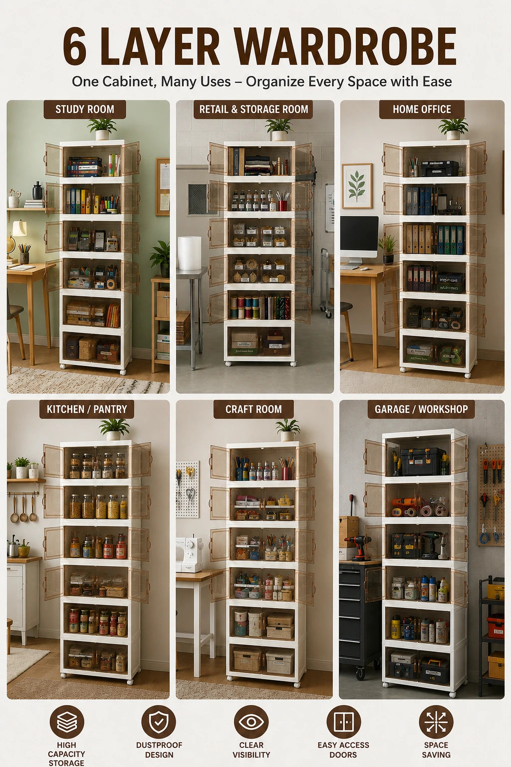 Foldable Transparent Storage Cabinet with Wheels & Magnetic Doors